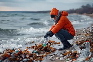 A woman in an orange jacket is kneeling on the beach with bottles and trash photo