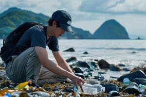 A man kneeling on the beach with plastic bottles photo