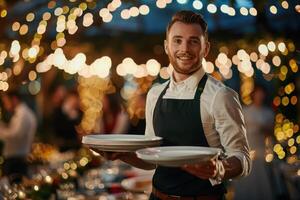 A waiter holding plates at a wedding reception photo