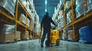 A man is walking through a warehouse with a yellow cart photo