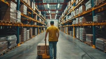 A man is walking through a warehouse with boxes photo