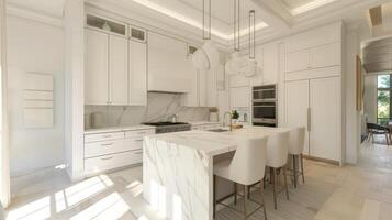 A kitchen with white cabinets and marble counter tops photo