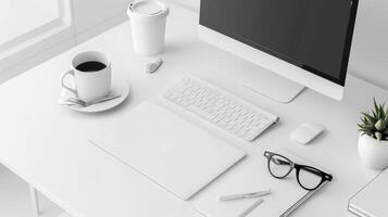 White desk with computer, coffee, glasses and other items photo