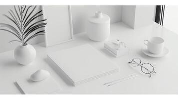 White desk with a plant, glasses, and a book photo
