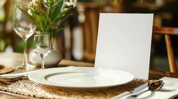 A blank white card is placed on a table photo