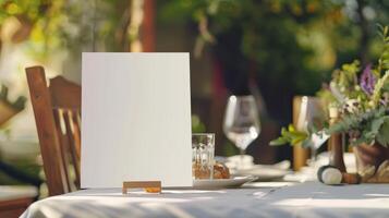 Table with blank menu on outdoor table photo