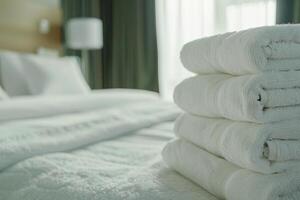 A stack of white towels on a bed photo
