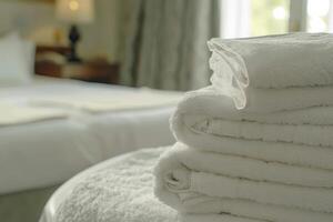 A stack of folded towels on a table photo