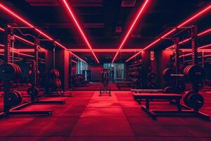 A gym with red lights and equipment photo