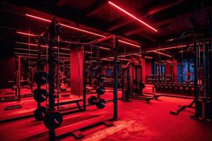 A gym with red lighting and equipment photo