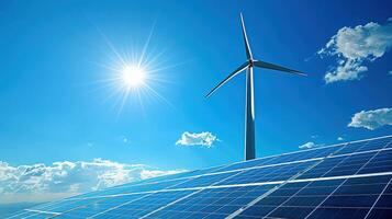 Solar panels and wind turbine photo