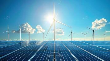 Solar panels and wind turbines on a blue sky photo
