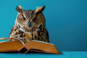 Owl reading book on blue background photo