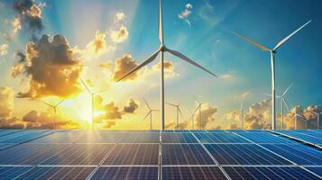 Solar panels and wind turbines in the sky photo
