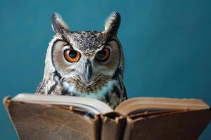 Owl reading book on blue background photo