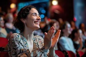 A woman clapping in a theater photo