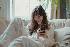 A woman sitting on a couch with her phone photo
