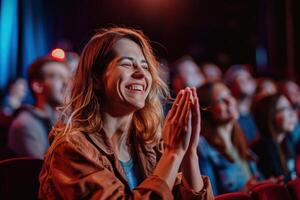 A woman clapping in a theater photo