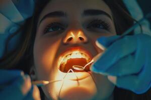 A woman is getting her teeth cleaned by a dentist photo
