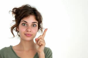 A woman pointing her finger up to the side photo