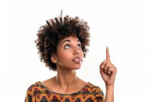 A woman with an afro is pointing to something photo