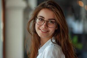 A woman with glasses smiling at the camera photo