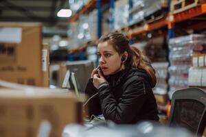 A woman in a warehouse talking on the phone photo
