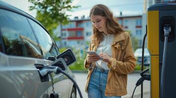 A woman is using her phone while charging her car photo