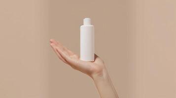 A person holding a white bottle of lotion photo
