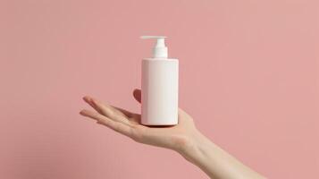Hand holding a bottle of lotion on a pink background photo