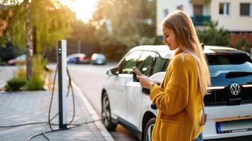 A woman is using her phone while charging her car photo