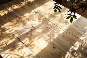 A wooden table with a plant on it photo