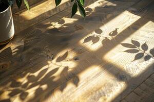 A wooden table with a plant and a shadow photo