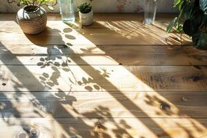 A wooden table with a potted plant on it photo