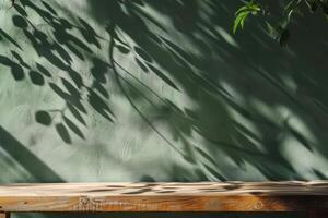 A wooden bench in front of a green wall photo