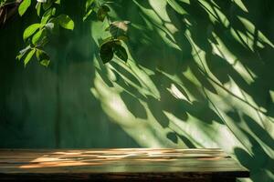 A wooden table with a shadow on it photo