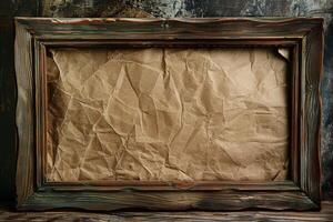 A brown paper crumpled frame on a wooden table photo