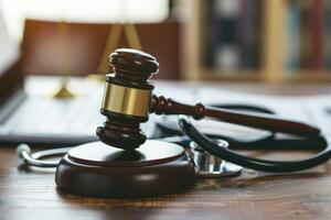 A judge's gavel and stethoscope on a wooden table photo