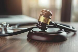A gavel and stethoscope on a wooden table photo