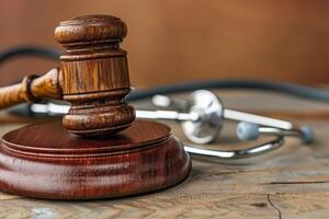 A gavel and stethoscope on a wooden table photo