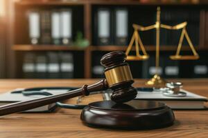Law and justice concept with gavel and scales on wooden desk photo
