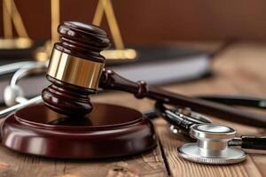 A gavel, stethoscope and medical books on a wooden table photo