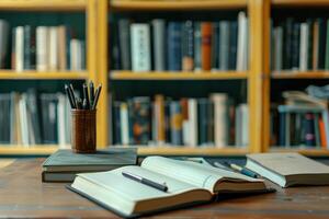 A wooden desk with a bookcase in the background photo