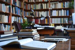 A desk with books and papers on it photo