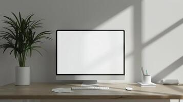A computer monitor on a desk with a plant photo