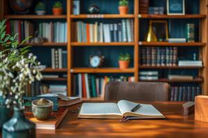 A desk with a book, a laptop and a vase of flowers photo