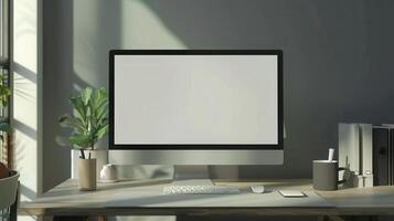 A computer screen on a desk in front of a window photo