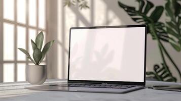 Laptop with blank screen on a table with a plant photo