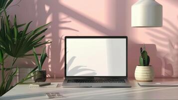 A laptop sits on a desk next to a plant photo