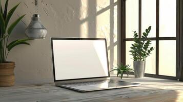Laptop on wooden table with potted plant in front of window photo